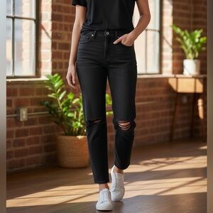 A&F (25) The Ankle Straight Ultra High Rise Jean Distressed Black Wash Curve Lov